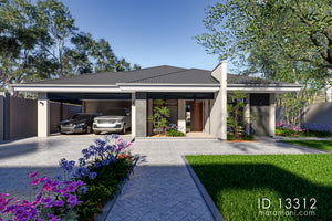 Modern 3 bedroom bungalow house plan ID 13312 – front elevation showing covered carport, timber entrance, and landscaped driveway by Maramani