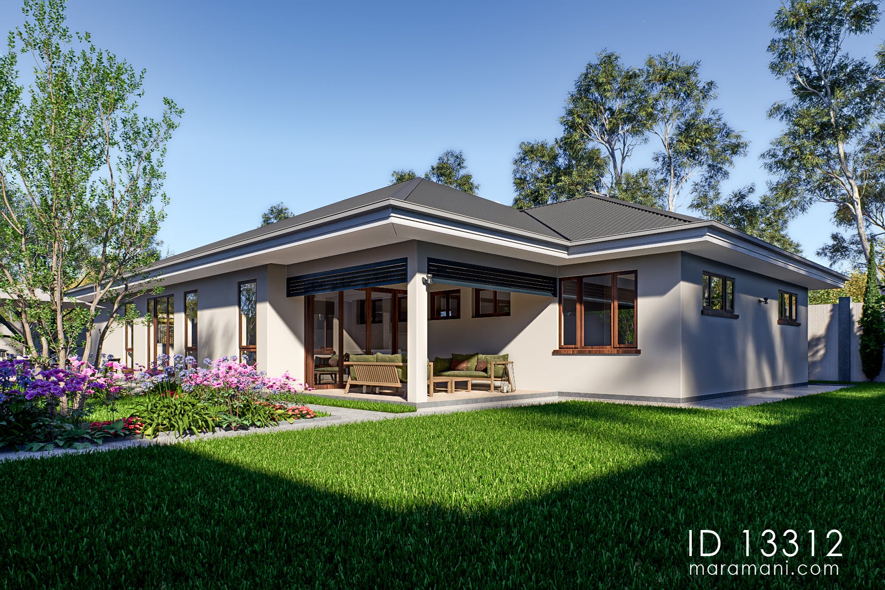 Rear side elevation of modern 3 bedroom bungalow house plan ID 13312 – alfresco terrace with timber lounge seating and folding glass doors by Maramani