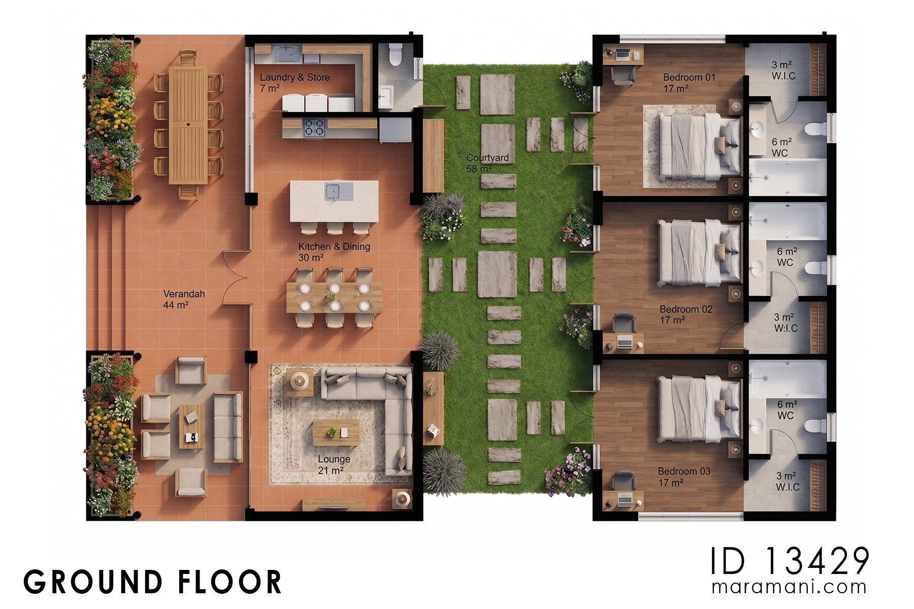 Floor plan of 3 bedroom luxury tropical villa plan ID 13429 – single-storey layout showing lounge, kitchen-dining, 3 bedrooms, verandah, and courtyard