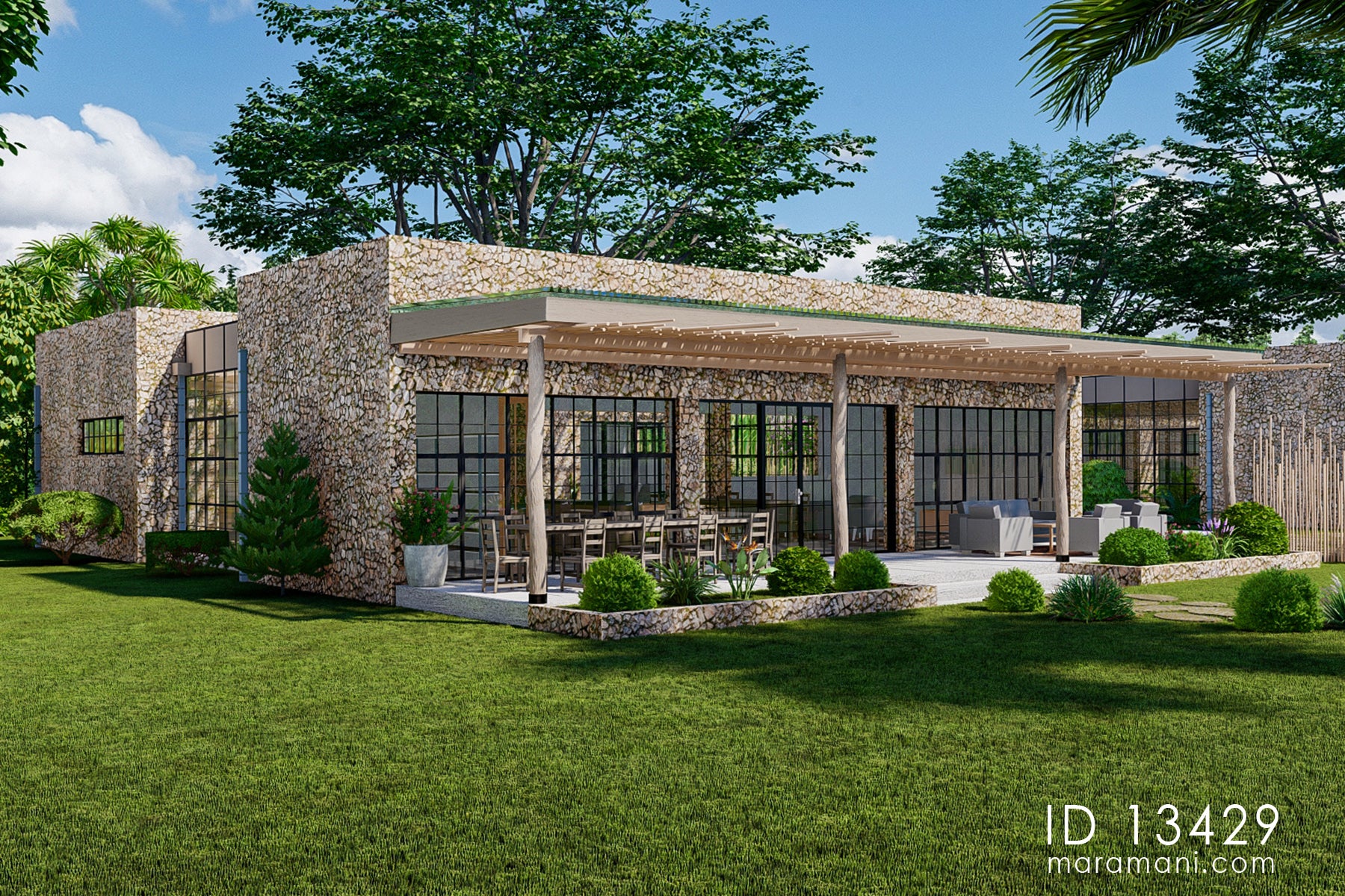 Front verandah of 3 bedroom luxury tropical villa plan ID 13429 – timber pergola, black-framed steel windows, and outdoor dining area by Maramani