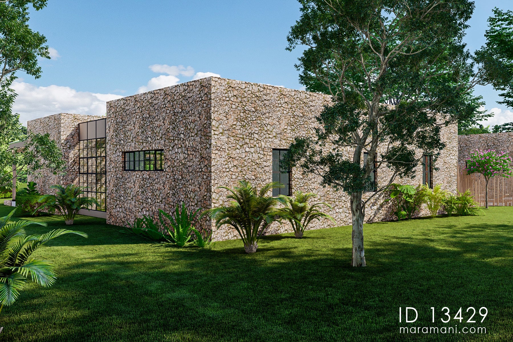 Rear side wall elevation of 3 bedroom luxury tropical villa plan ID 13429 – full dry-stone rubble construction with black-framed windows by Maramani