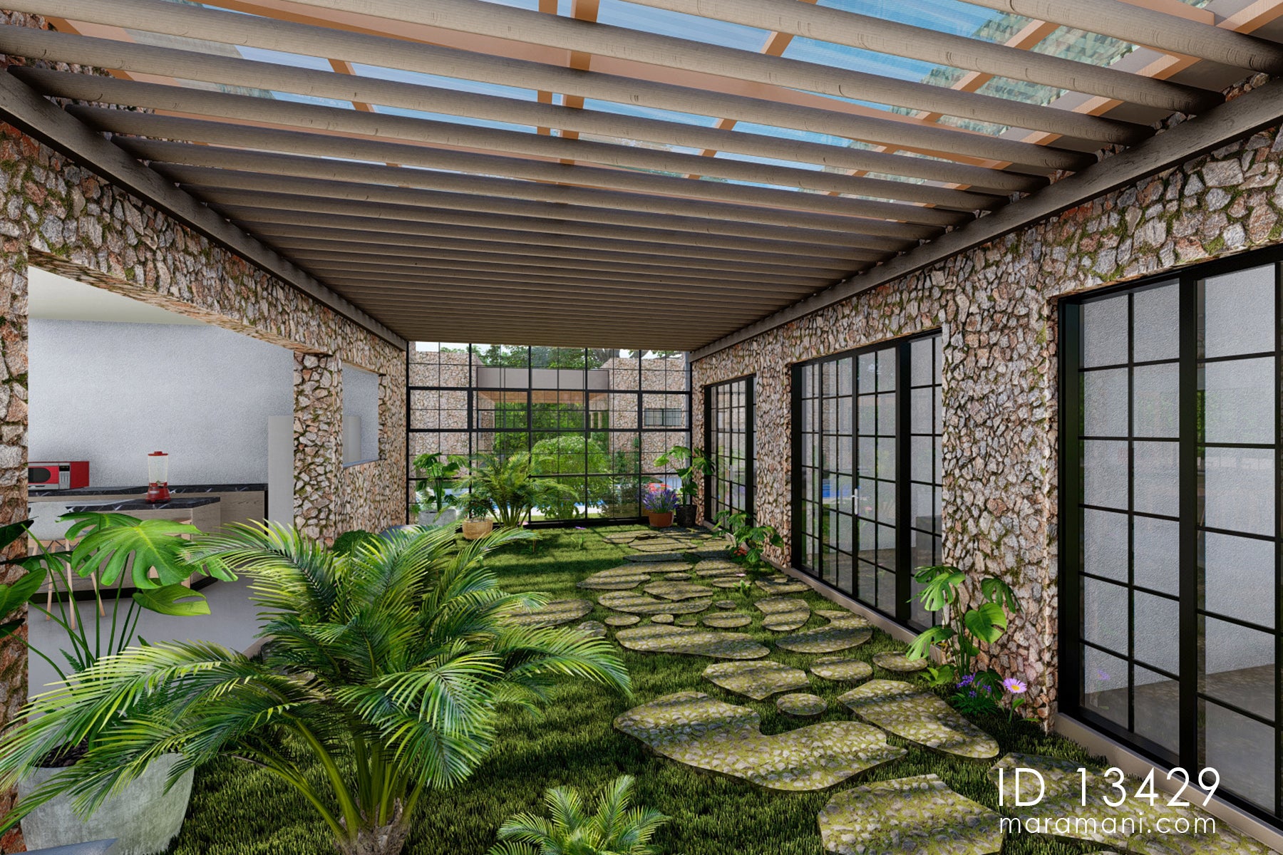 Internal courtyard of 3 bedroom luxury tropical villa plan ID 13429 – planted garden, stepping stones, timber pergola, and pool view by Maramani