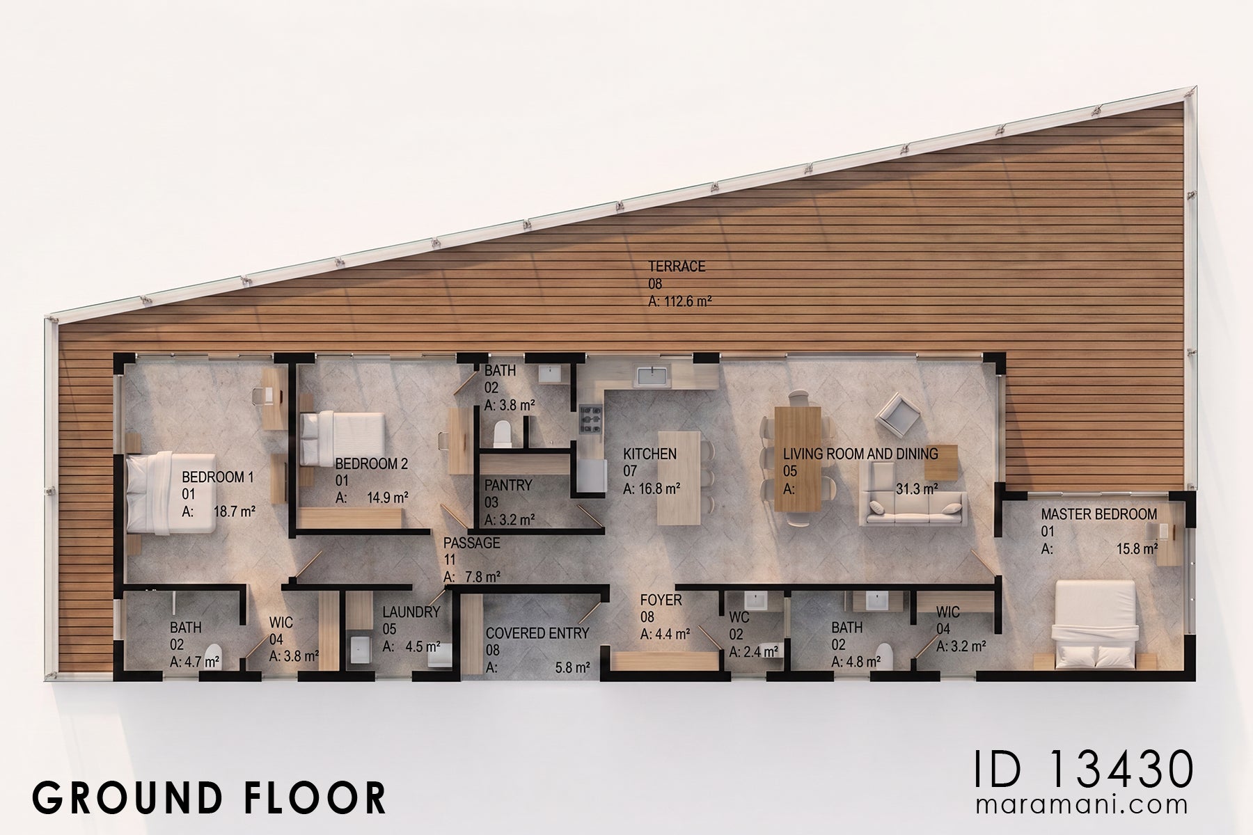 3 Bedroom Simple Roof House Plan ID 13430 - Floor Plan