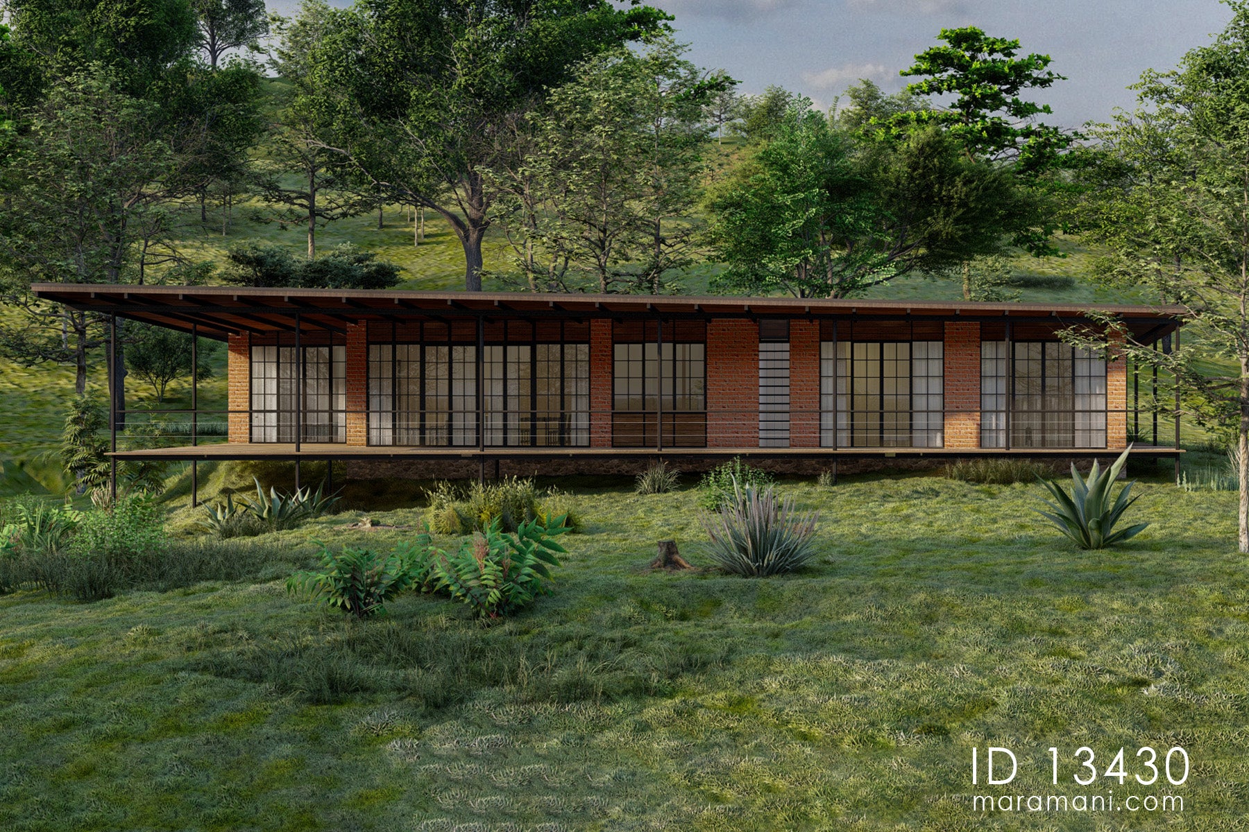 Side view of Linear 3 Bedroom Simple Roof House Plan ID 13430 – full-length brick and glass facade with flat overhanging roof on steel columns