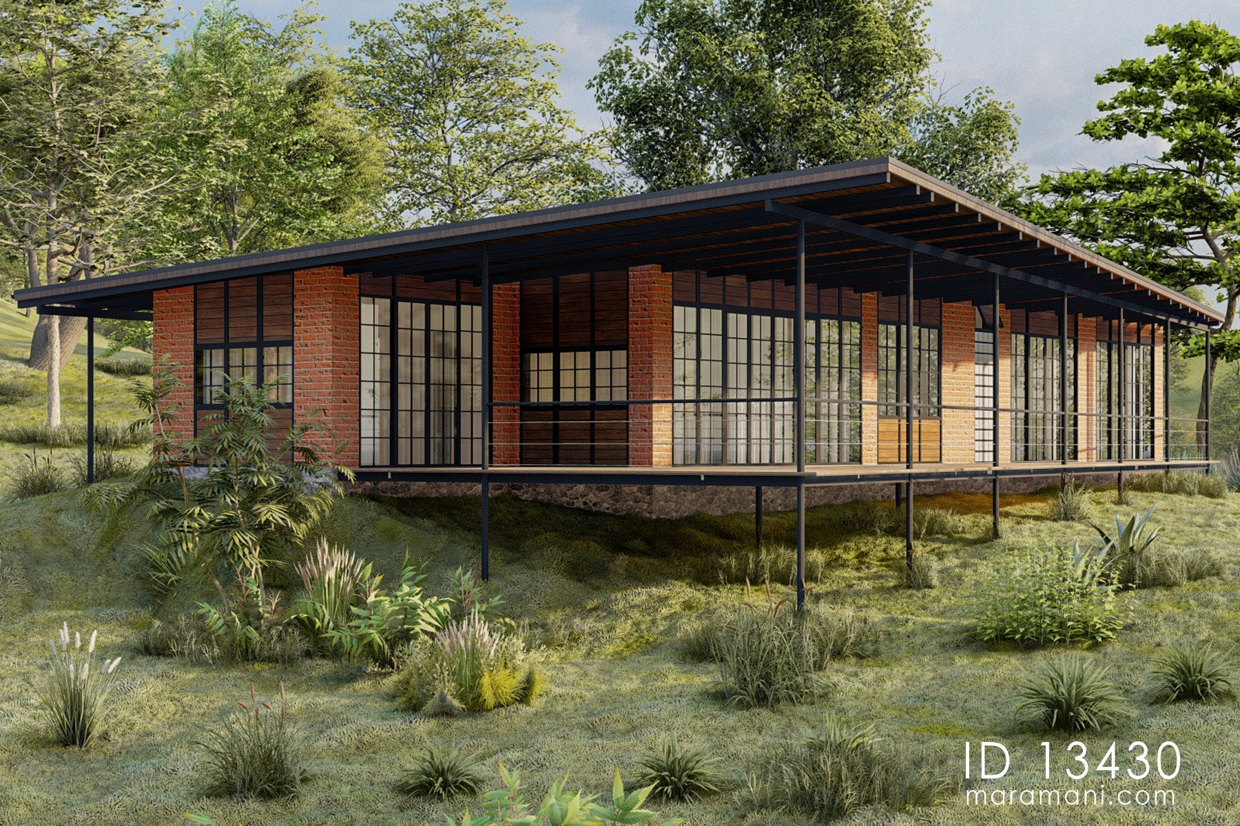 Side view of Linear 3 Bedroom Simple Roof House Plan ID 13430 – elevated steel column structure with lit interior visible through full-height windows