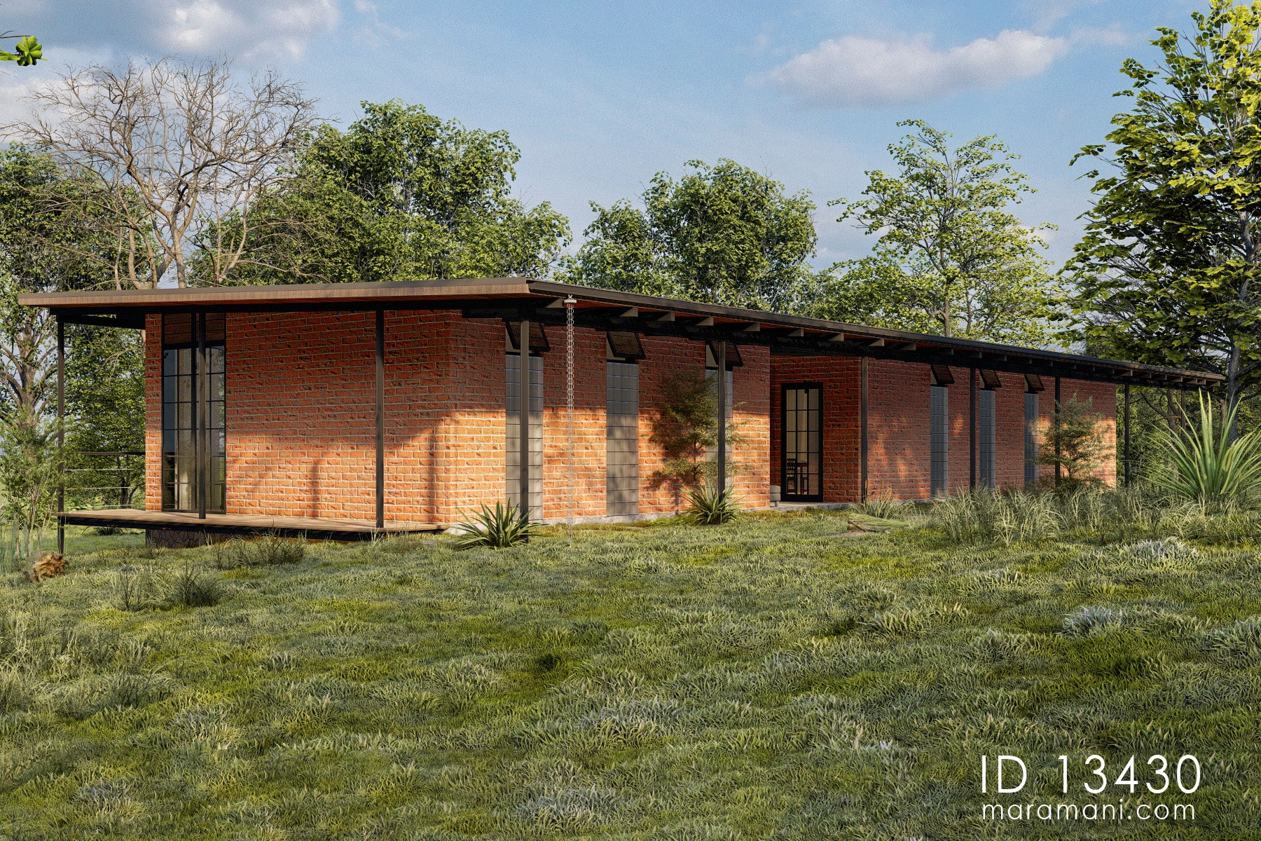 Rear view of Linear 3 Bedroom Simple Roof House Plan ID 13430 – brick and concrete column facade with stone path entry and flat roof overhang