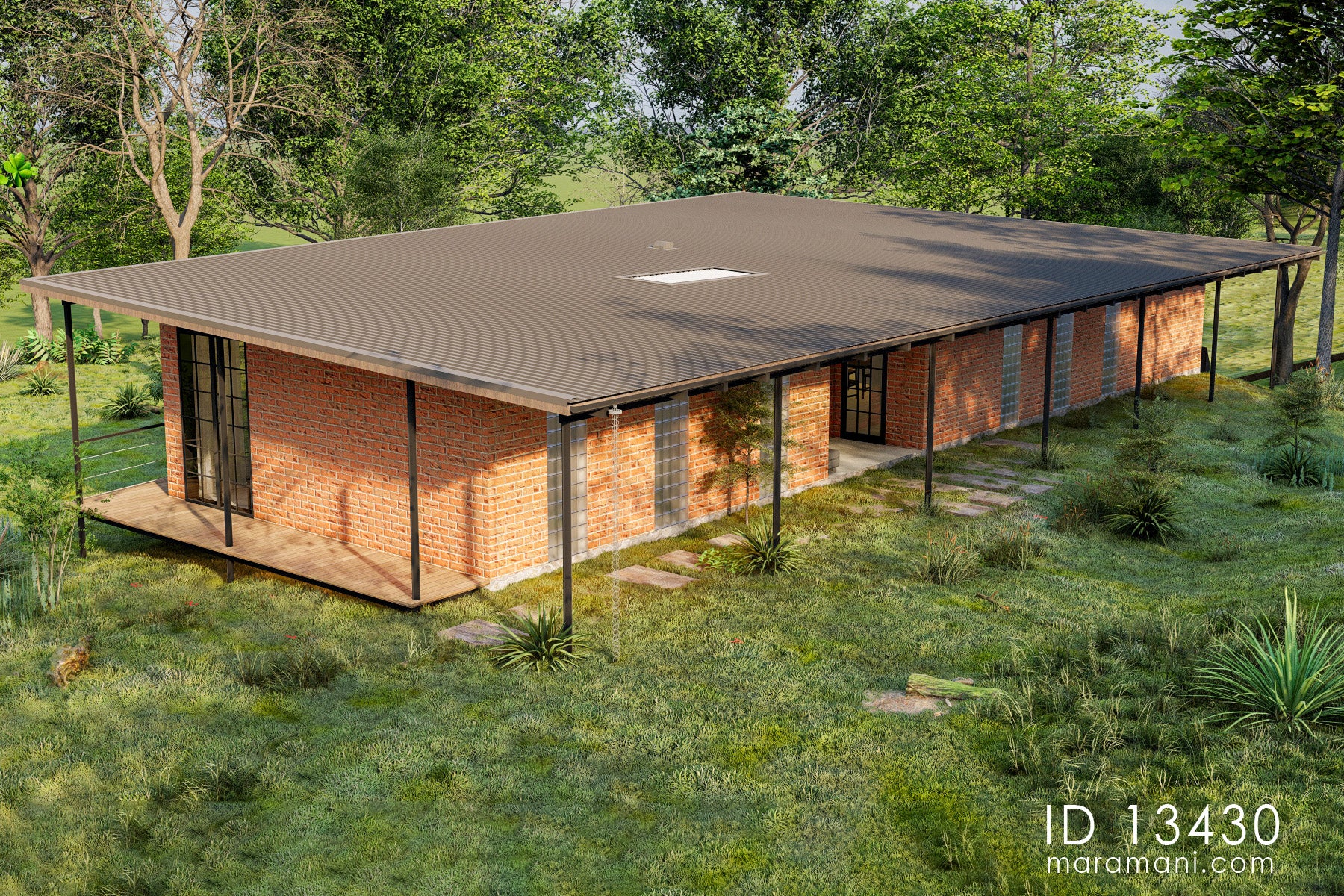 Aerial rear view of Linear 3 Bedroom Simple Roof House Plan ID 13430 – corrugated flat roof, skylight, and timber deck on sloped plot
