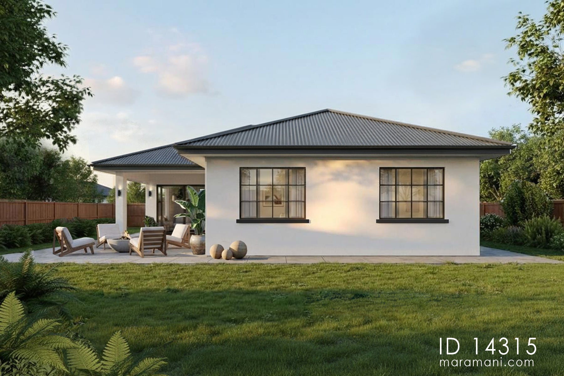 RenderBack view of modern 4 bedroom bungalow ID 14315 – alfresco deck with fire pit seating area by Maramani