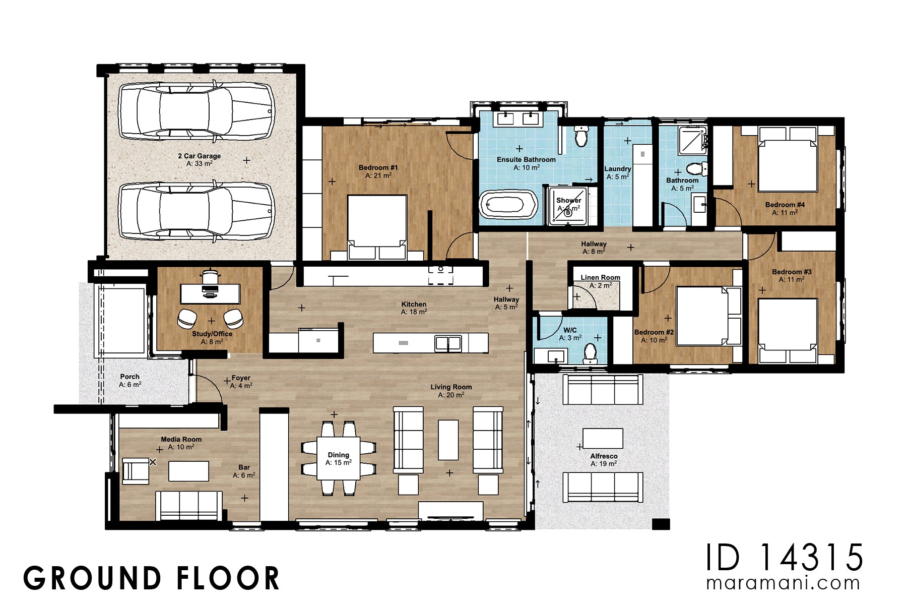 Floor plan of modern 4 bedroom bungalow ID 14315 with garage, living, dining, kitchen, 4 bedrooms, study, media room, bar, alfresco
