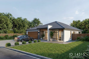 Modern 4 bedroom bungalow ID 14315 – front-side view showing garage, porch, and glazed facade by Maramani
