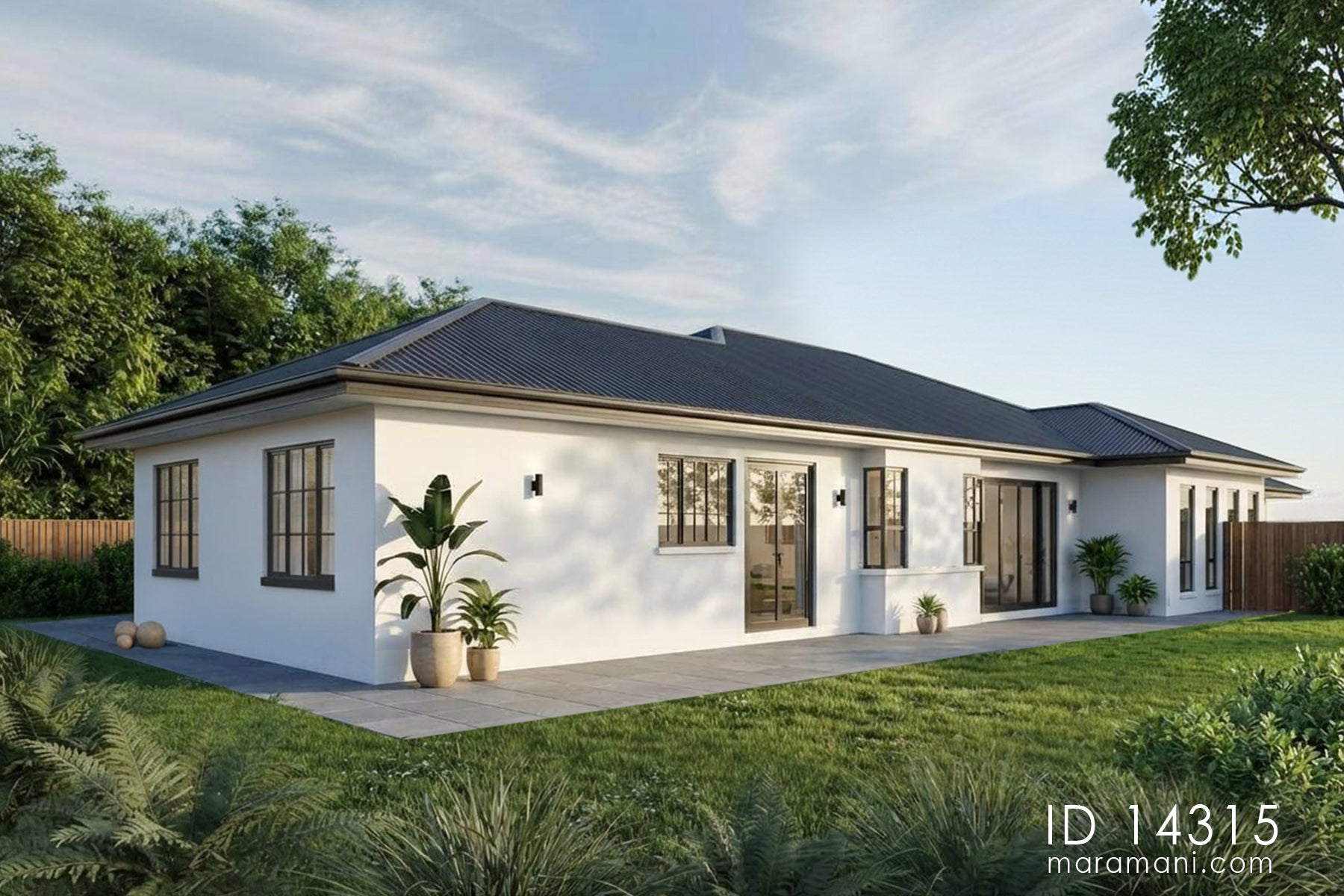 Side render of modern 4 bedroom bungalow ID 14315 – rear garden elevation with black-framed windows by Maramani