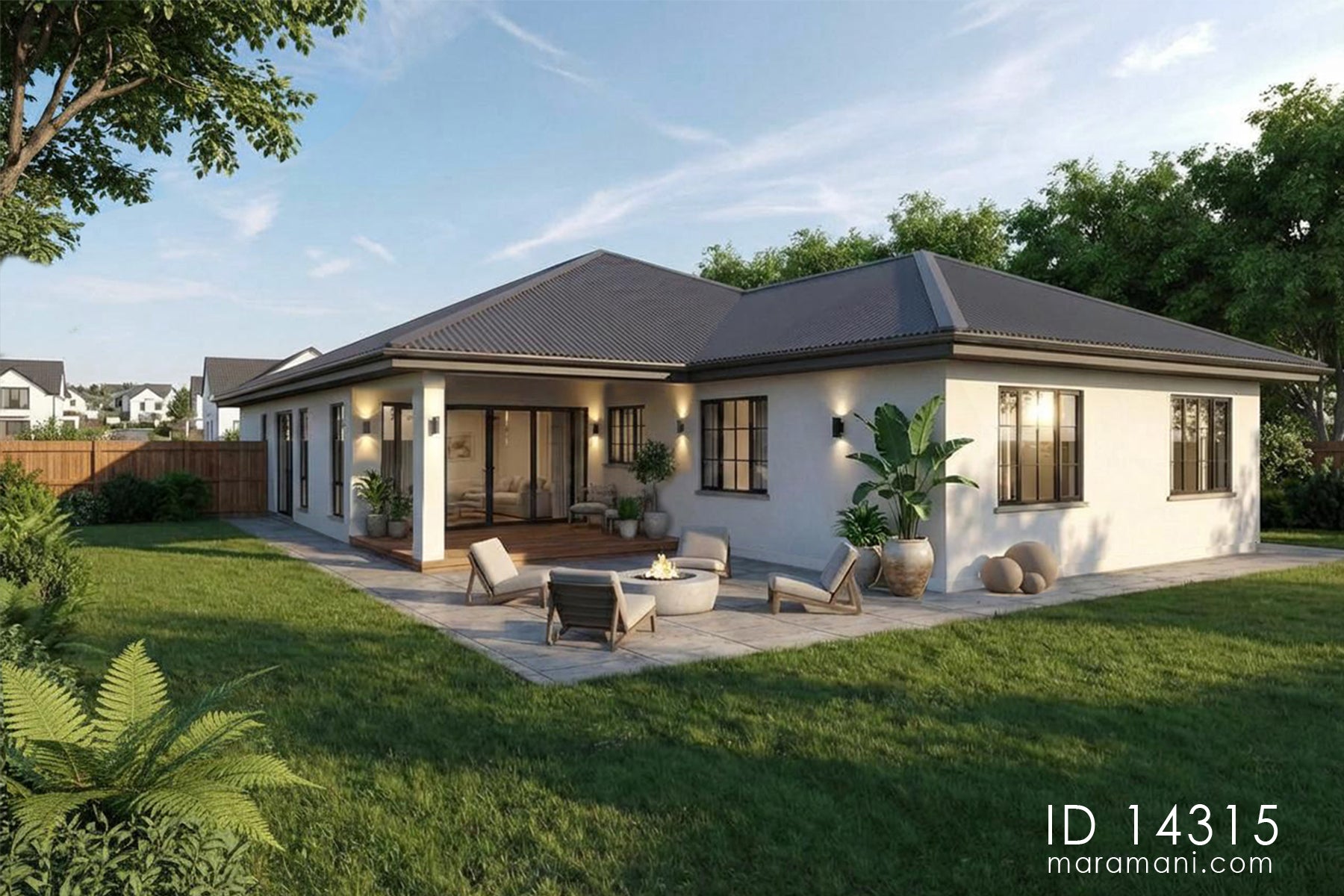 Side view of modern 4 bedroom bungalow ID 14315 – alfresco patio and garden setting by Maramani