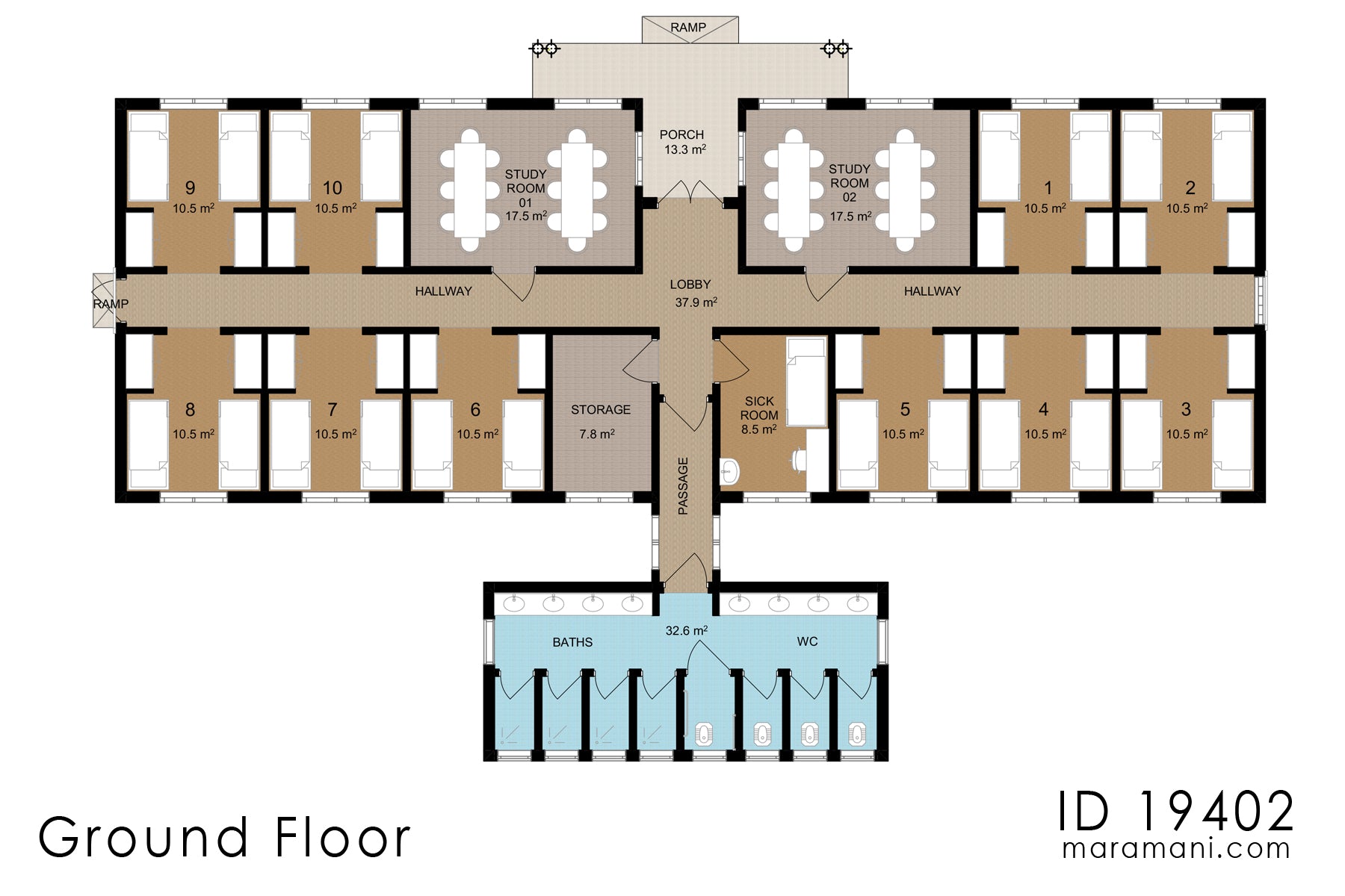 10-room, Single-Story Institutional Living Plan - ID 19402