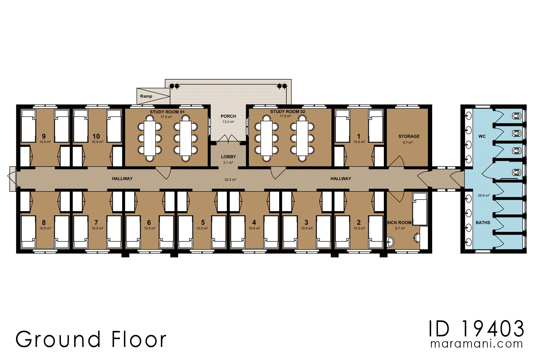 10- Room, Single-Story Communal Residence Plan - ID 19403
