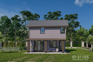 Small one bedroom house plan ID 21105 – front elevation with patio and timber columns by Maramani