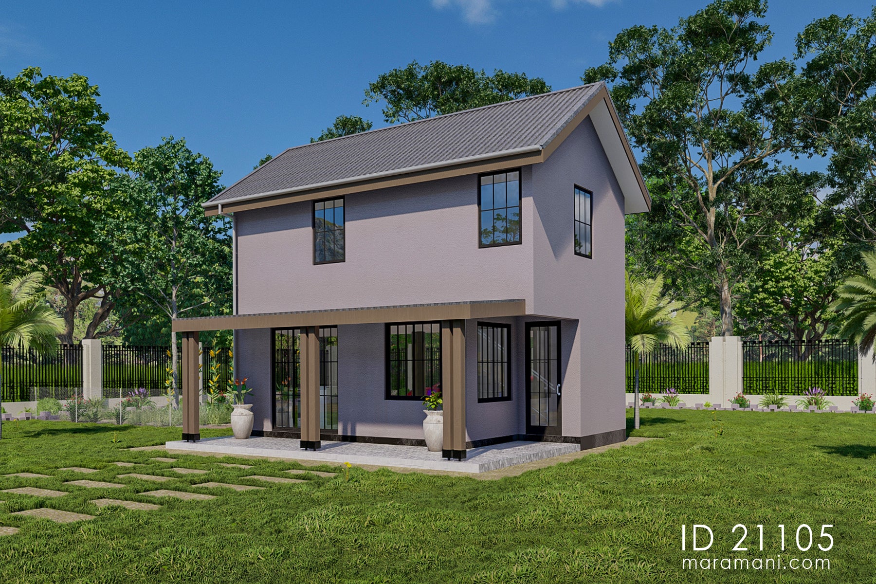 Small one bedroom house plan ID 21105 – side-front view showing gable roof and grid windows by Maramani