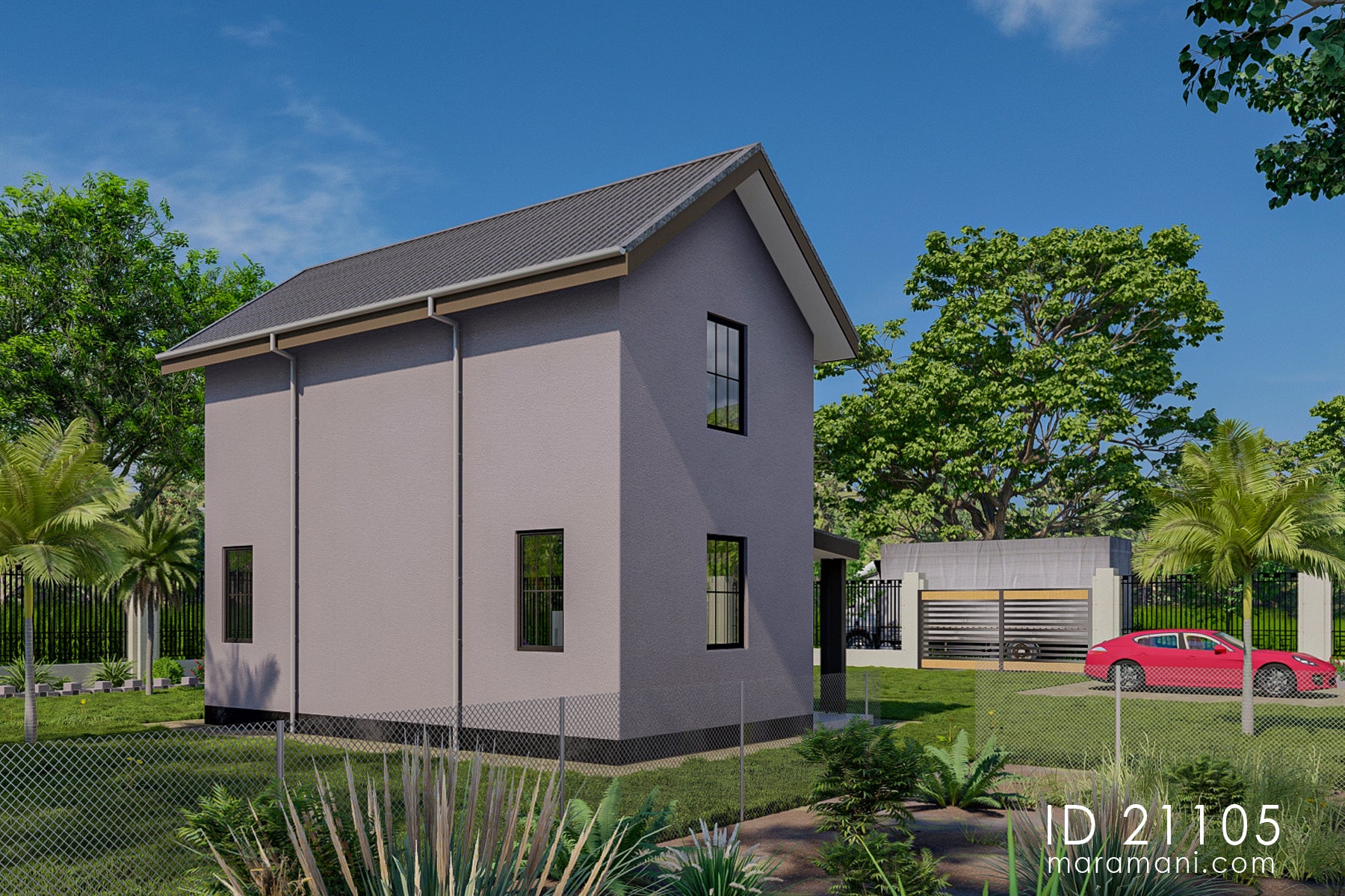 Small one bedroom house plan ID 21105 – rear elevation with side windows by Maramani