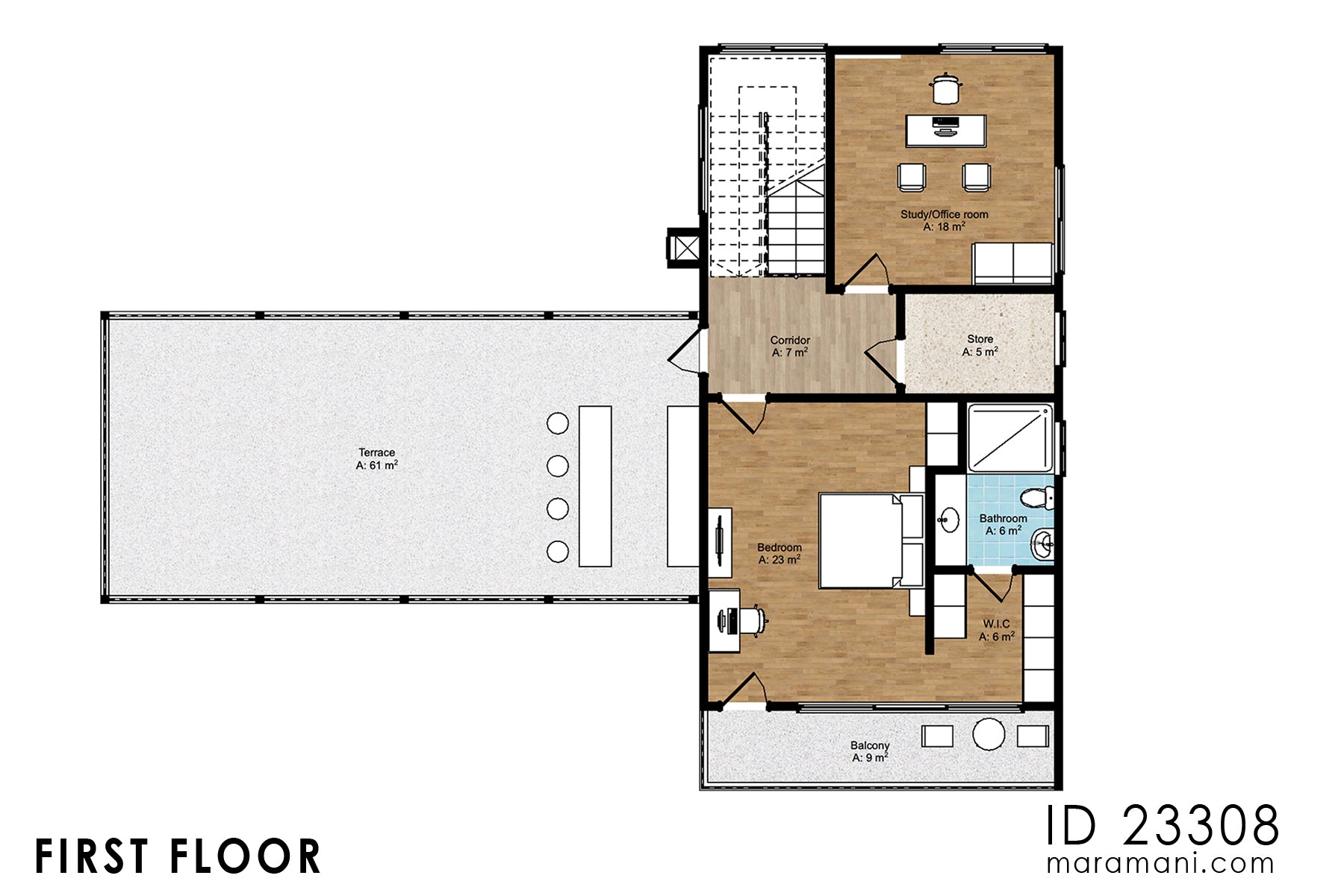 First floor plan of 3 bedroom contemporary tropical house plan ID 23308 – showing master bedroom, study, terrace, balcony, and walk-in closet