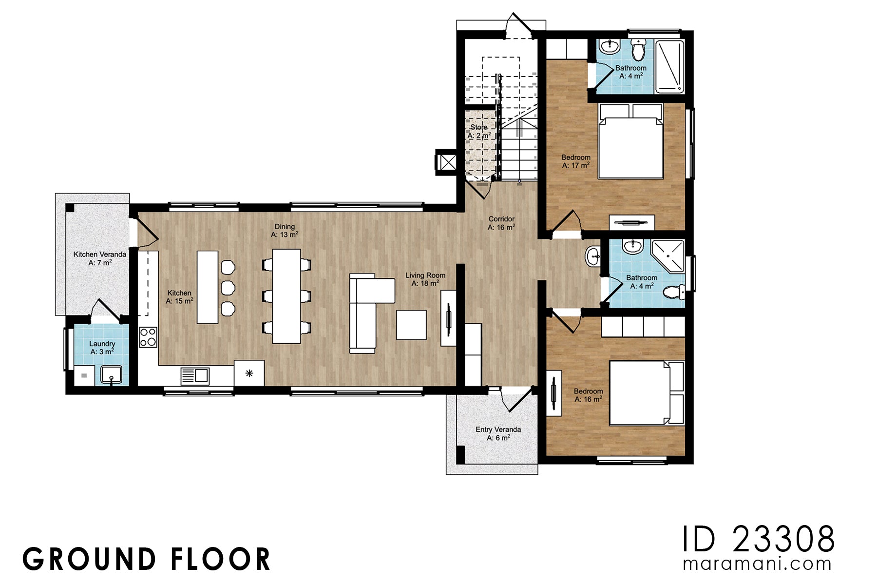 Ground floor plan of 3 bedroom contemporary tropical house plan ID 23308 – showing living, dining, kitchen, 2 bedrooms, entry veranda, and kitchen veranda