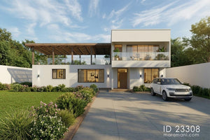 3 bedroom contemporary tropical house plan ID 23308 – front elevation with timber pergola, white render, and entry veranda by Maramani