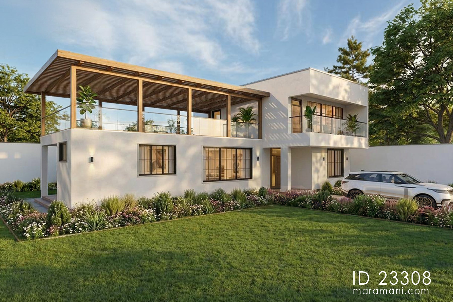 3 bedroom contemporary tropical house plan ID 23308 – angled front view showing first-floor terrace, glass balustrade, and timber pergola structure by Maramani