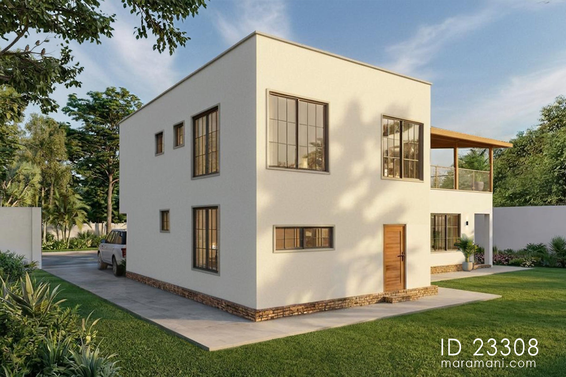 Side elevation of 3 bedroom contemporary tropical house plan ID 23308 – flat roof profile, stone base course, and black-framed windows by Maramani