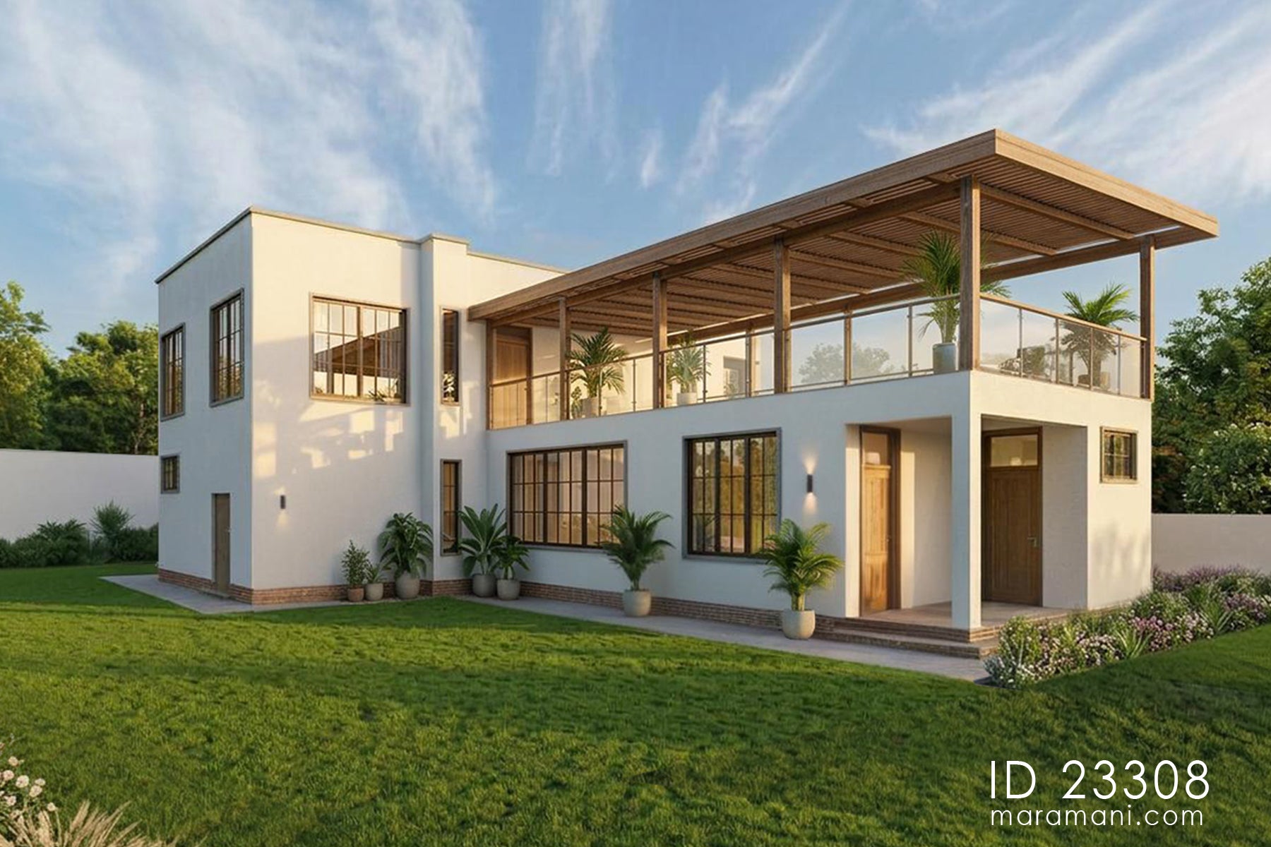 Rear elevation of 3 bedroom contemporary tropical house plan ID 23308 – timber pergola terrace, glass balustrade, and garden setting by Maramani