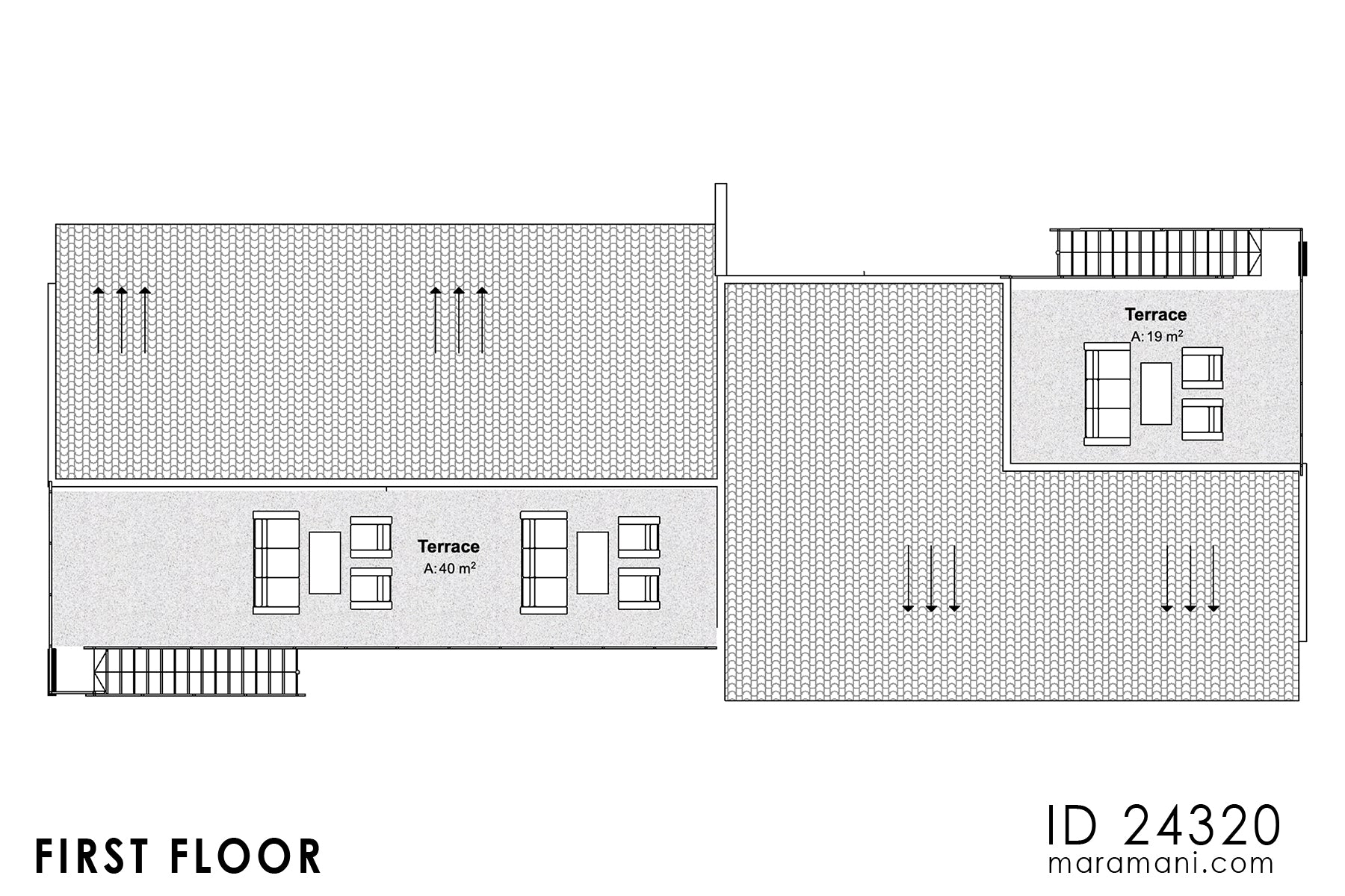 First Floor plan of small duplex apartment building ID 24320 – rooftop terrace and lounge spaces