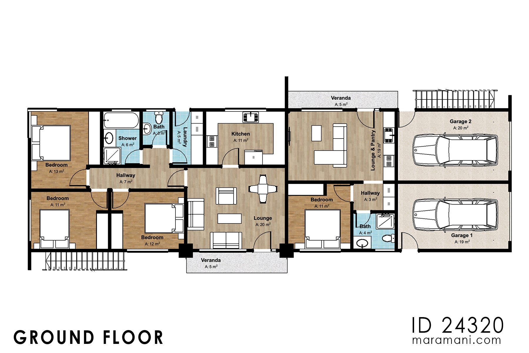 Floor plan of small duplex apartment building ID 24320 – 3-bedroom unit, 1-bedroom unit, garages, verandas