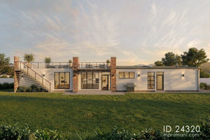 exterior view, full length, showing the staircase to rooftop terrace on the left/3-bedroom side, BBQ area, brick pillars, and pergola
