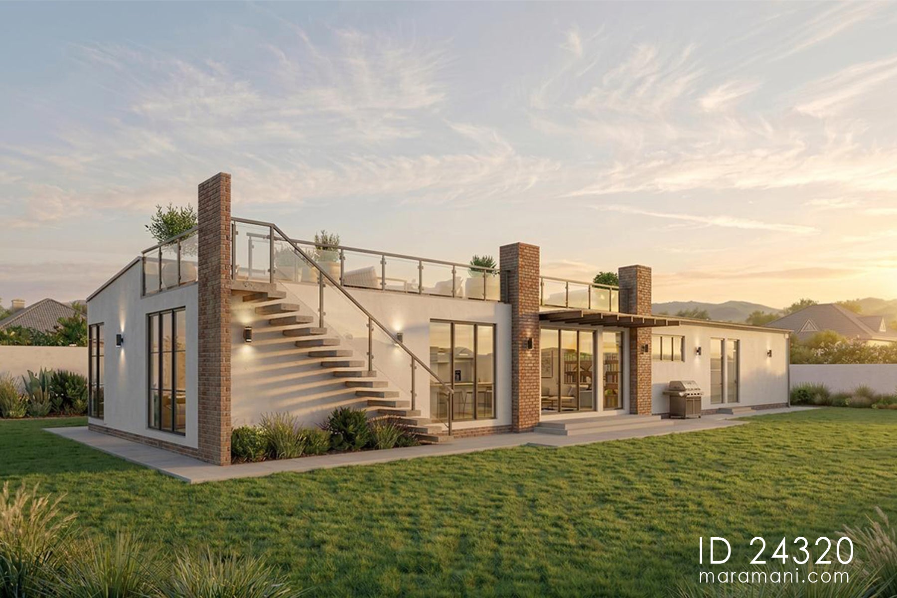 Angled exterior view, full length, showing the staircase to rooftop terrace on the left/3-bedroom side, BBQ area, brick pillars, and pergola