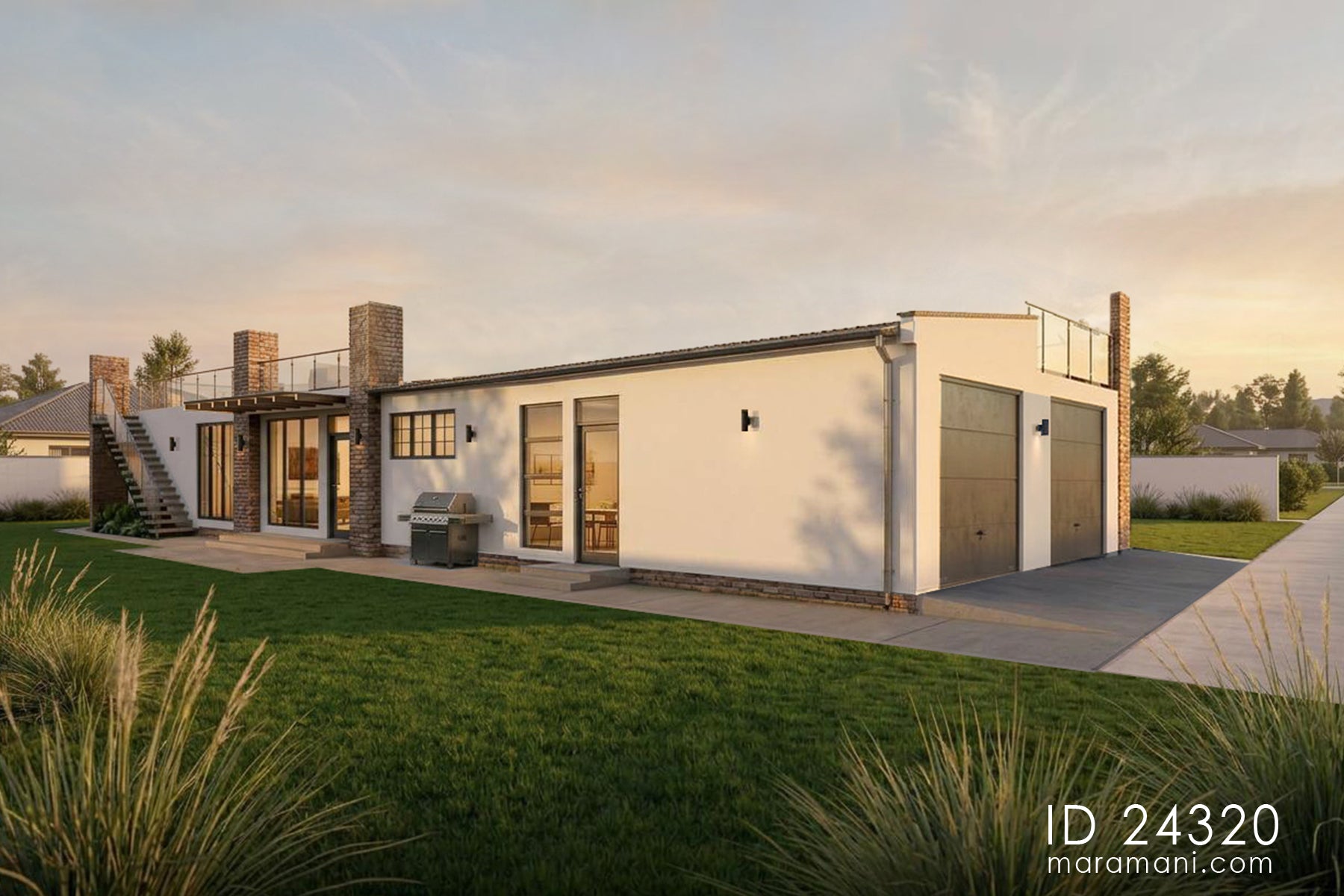 Angled exterior view, full length, showing the staircase to rooftop terrace on the left/3-bedroom side, BBQ area, brick pillars, and two garage doors