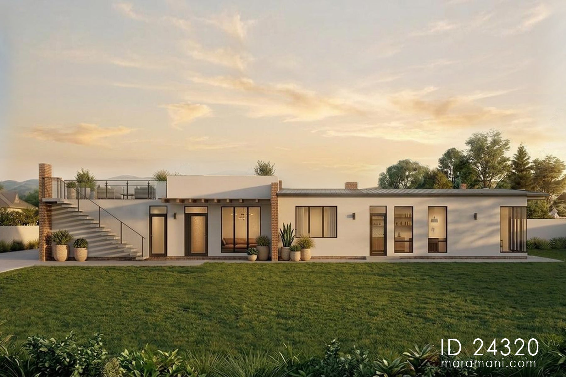 1 bedroom unit exterior view of the full building length, showing entrances, windows, and rooftop terrace railing