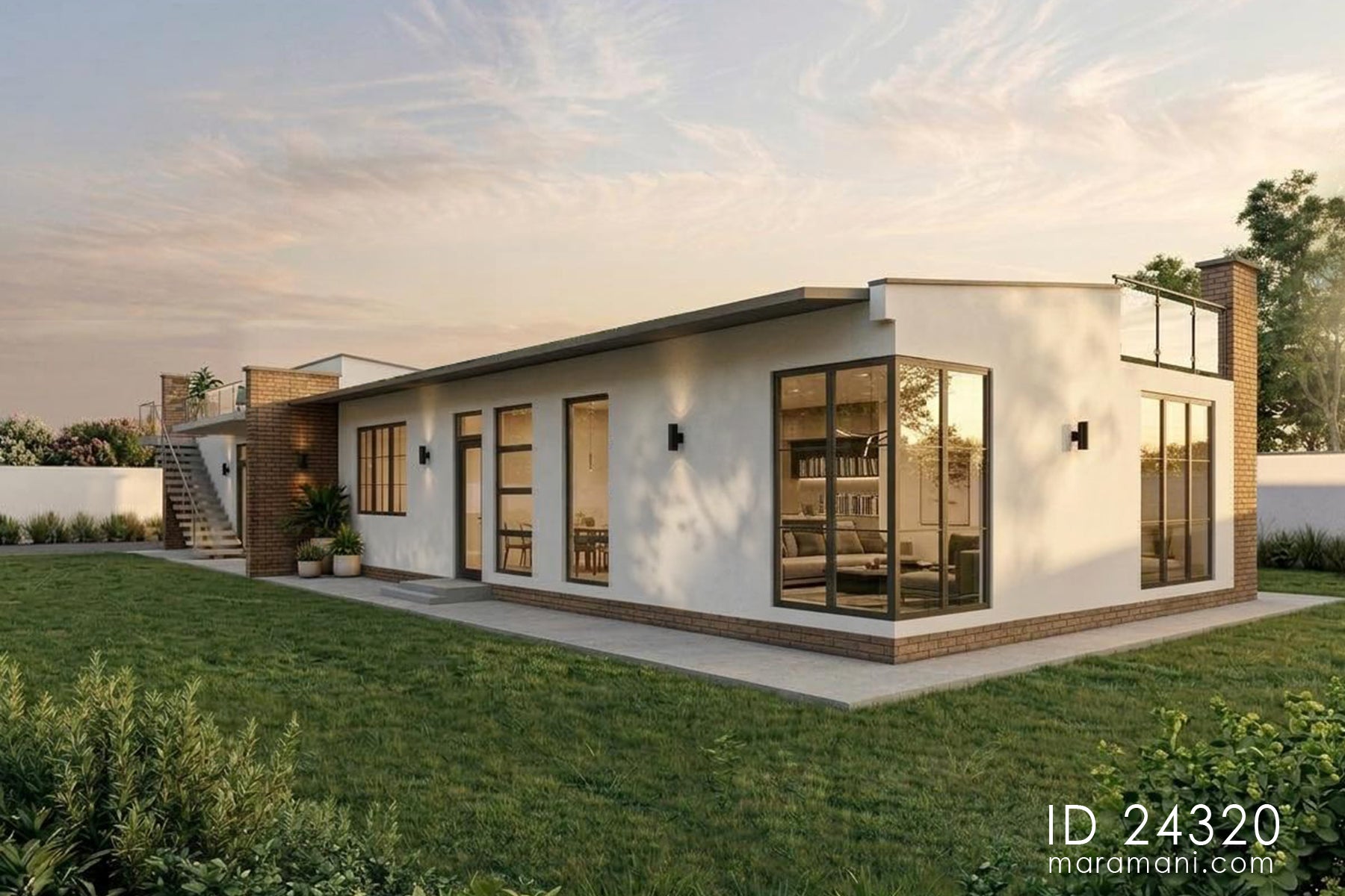 1 bedroom unit angled exterior view of the full building length, showing entrances, windows, and rooftop terrace railing