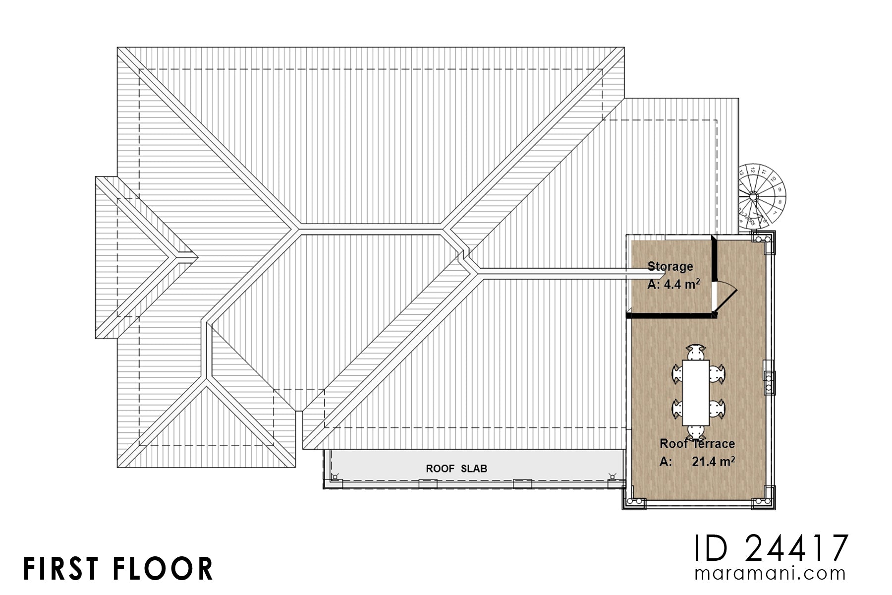 First floor plan of 4-bedroom house with roof terrace ID 24417 – roof terrace and storage room