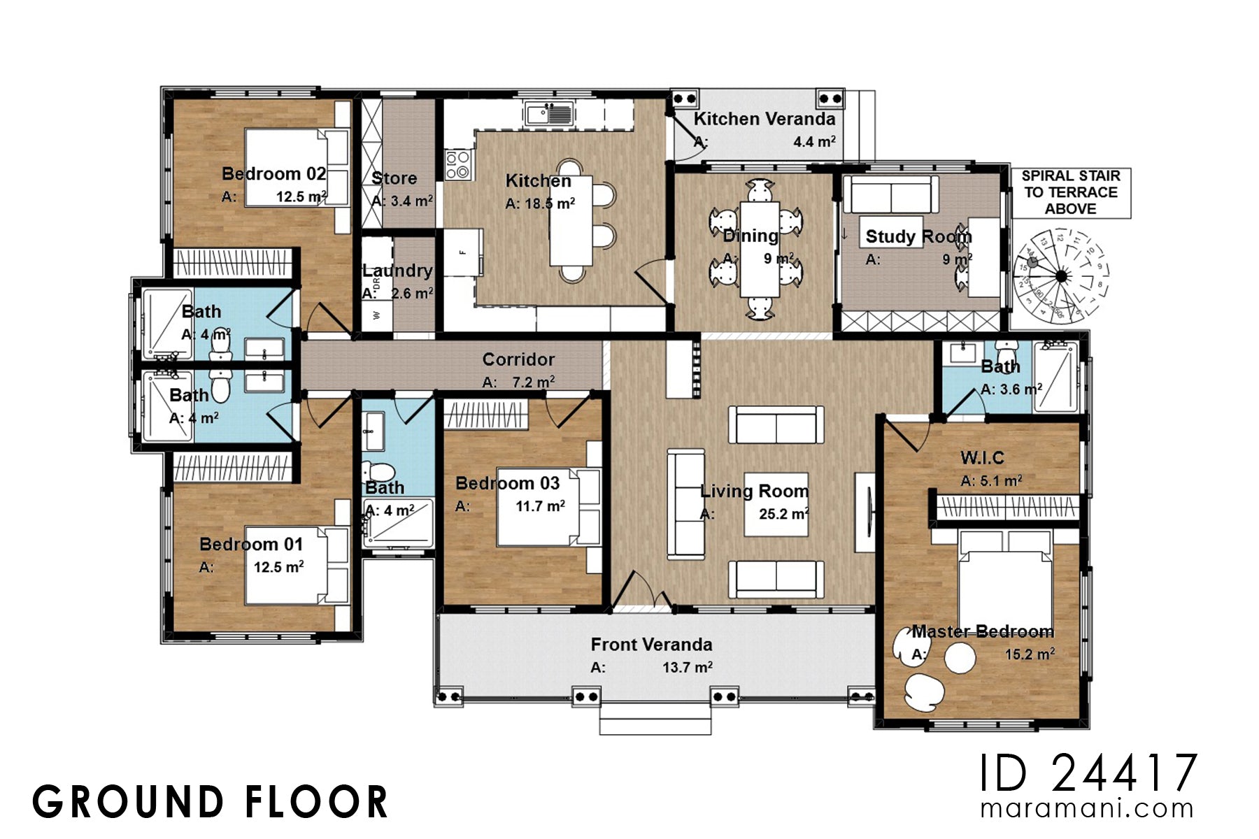 Ground floor plan of 4-bedroom house with roof terrace ID 24417 – four bedrooms, four bathrooms, kitchen, living room, study