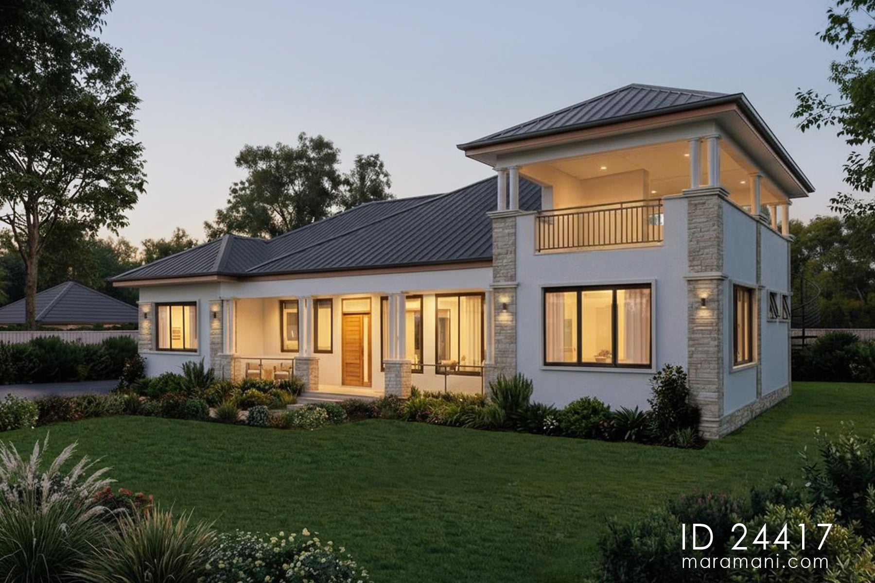 4-bedroom house with roof terrace ID 24417 – side exterior showing upper balcony and stone-clad terrace