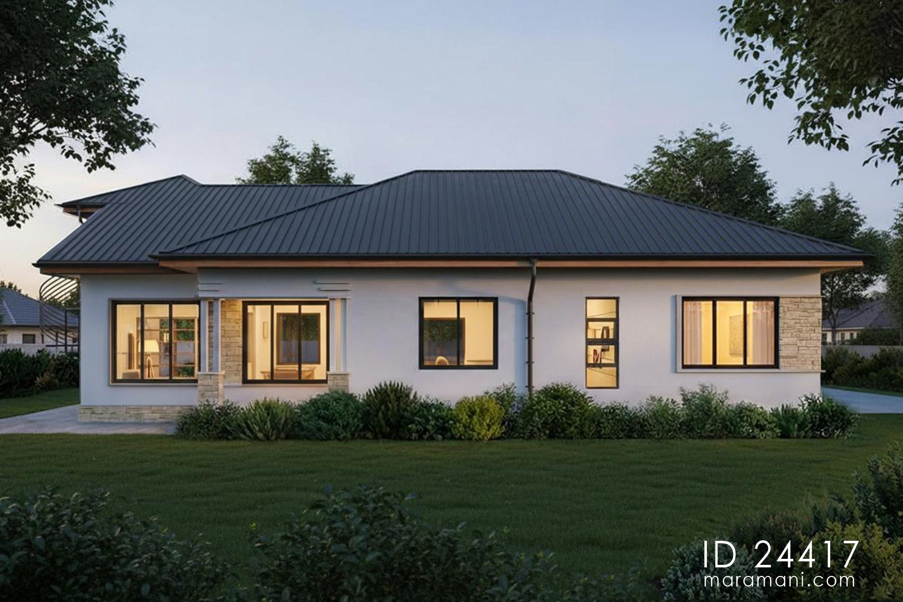 4-bedroom house with roof terrace ID 24417 – rear exterior with hipped metal roof and large windows
