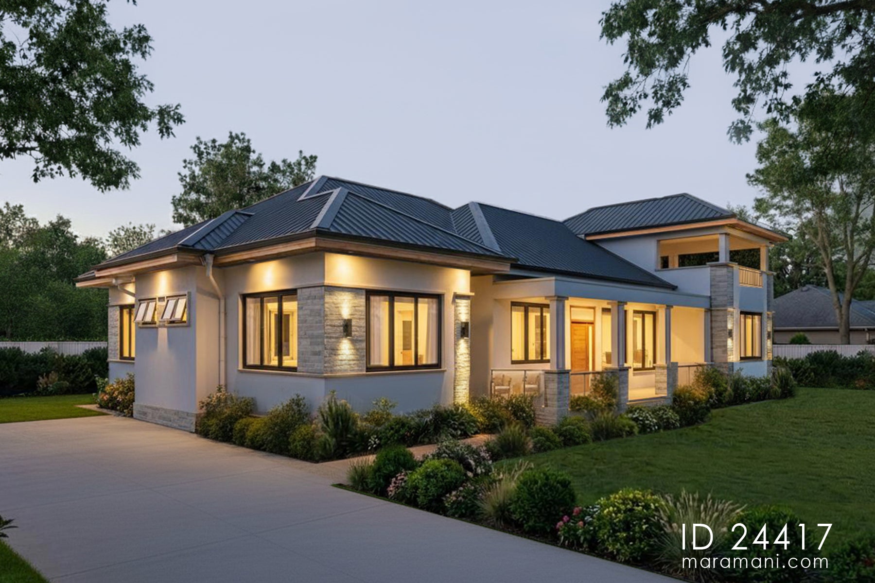 4-bedroom house with roof terrace ID 24417 – corner view of stone-clad entrance and front veranda