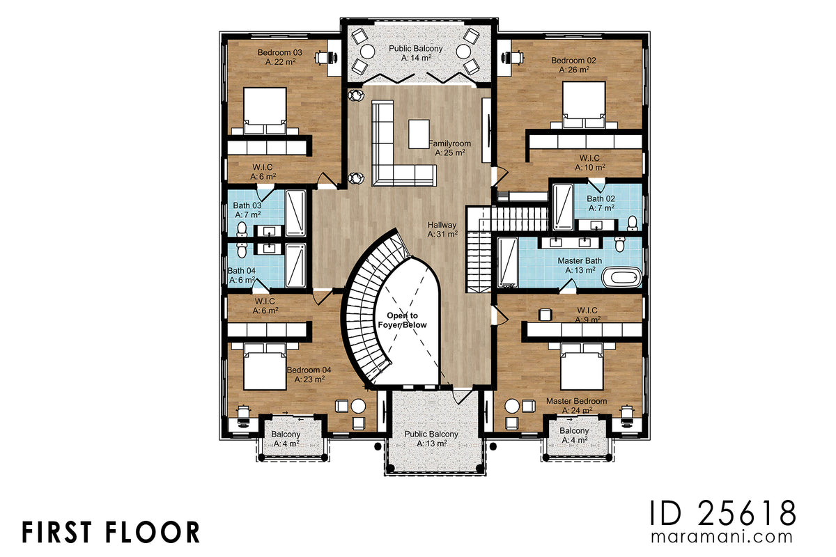 Floor plan of contemporary classical 5 bedroom house plan ID 25618 – 4 en-suite bedrooms, balcony and family room