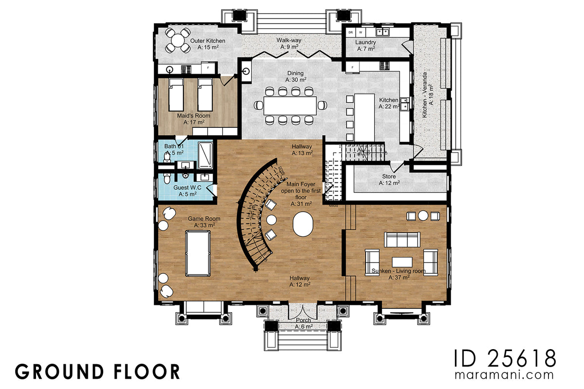 Floor plan of contemporary classical 5 bedroom house plan ID 25618 – ground floor with sunken living, dining, kitchen