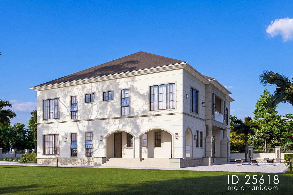 Side elevation of contemporary classical 5 bedroom house plan ID 25618 – arched ground-floor openings, rendered walls, and garden setting by Maramani