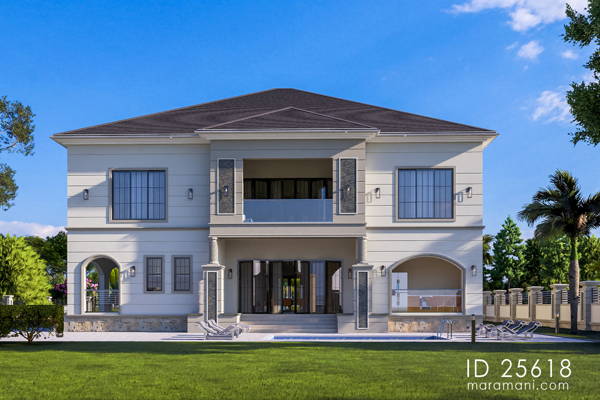 Rear elevation of contemporary classical 5 bedroom house plan ID 25618 – folding glass doors, paved pool terrace, and first-floor balcony by Maramani