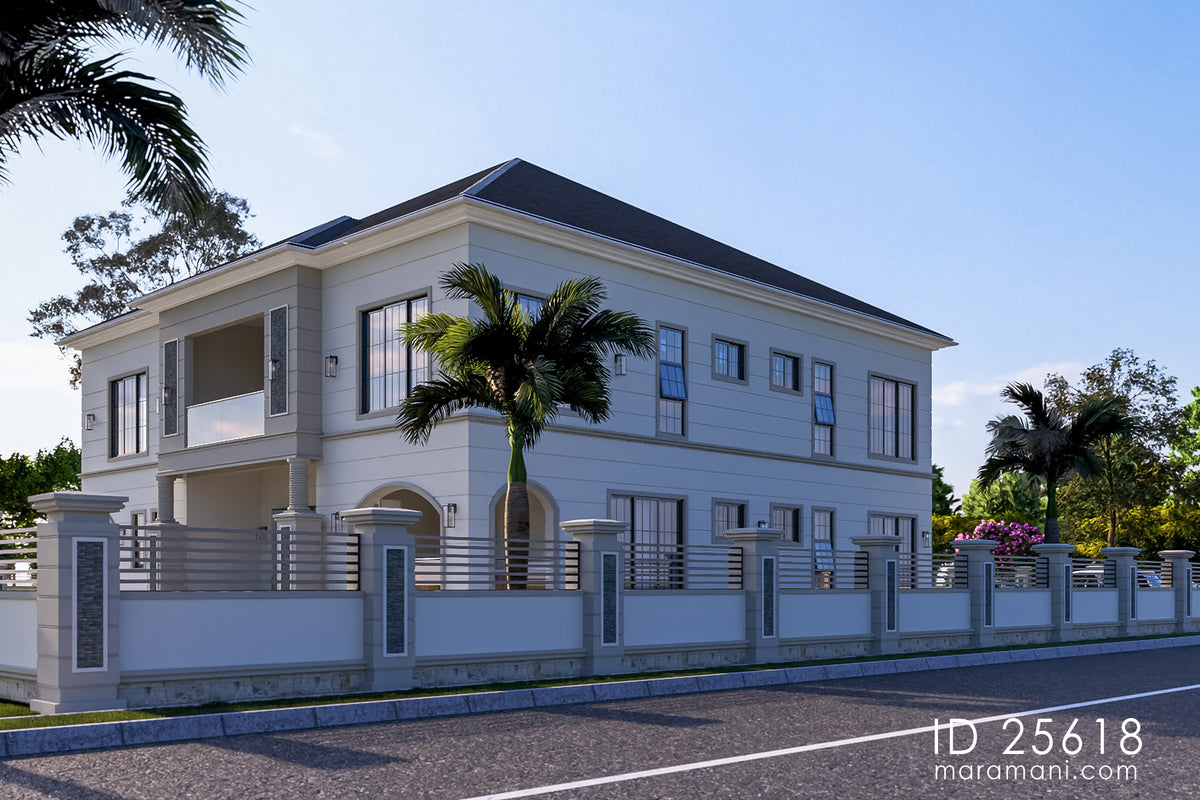 Street elevation of contemporary classical 5 bedroom house plan ID 25618 – two-storey rendered facade with perimeter boundary wall by Maramani
