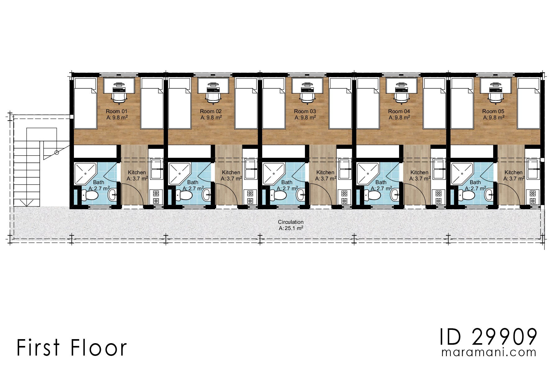 10-Bedroom Hostel Building Plan - ID 29909