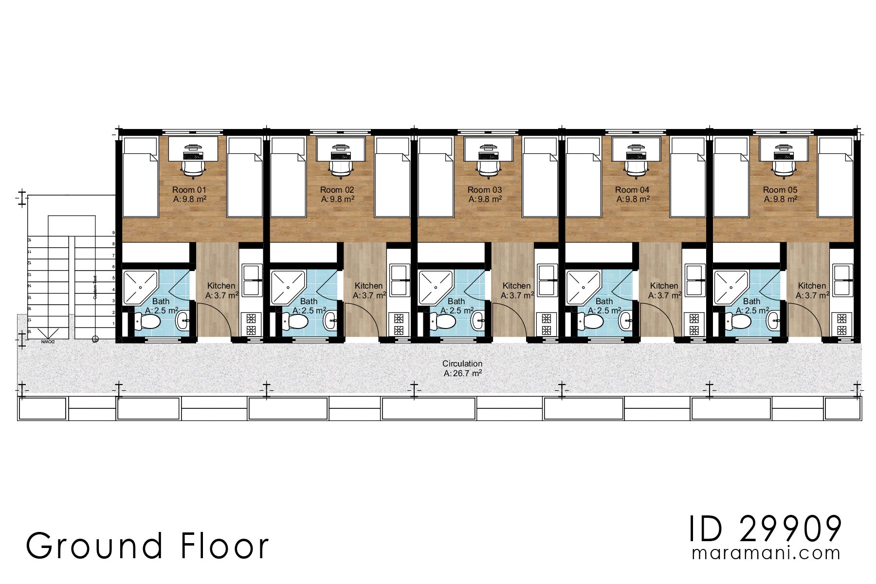 10-Bedroom Hostel Building Plan - ID 29909