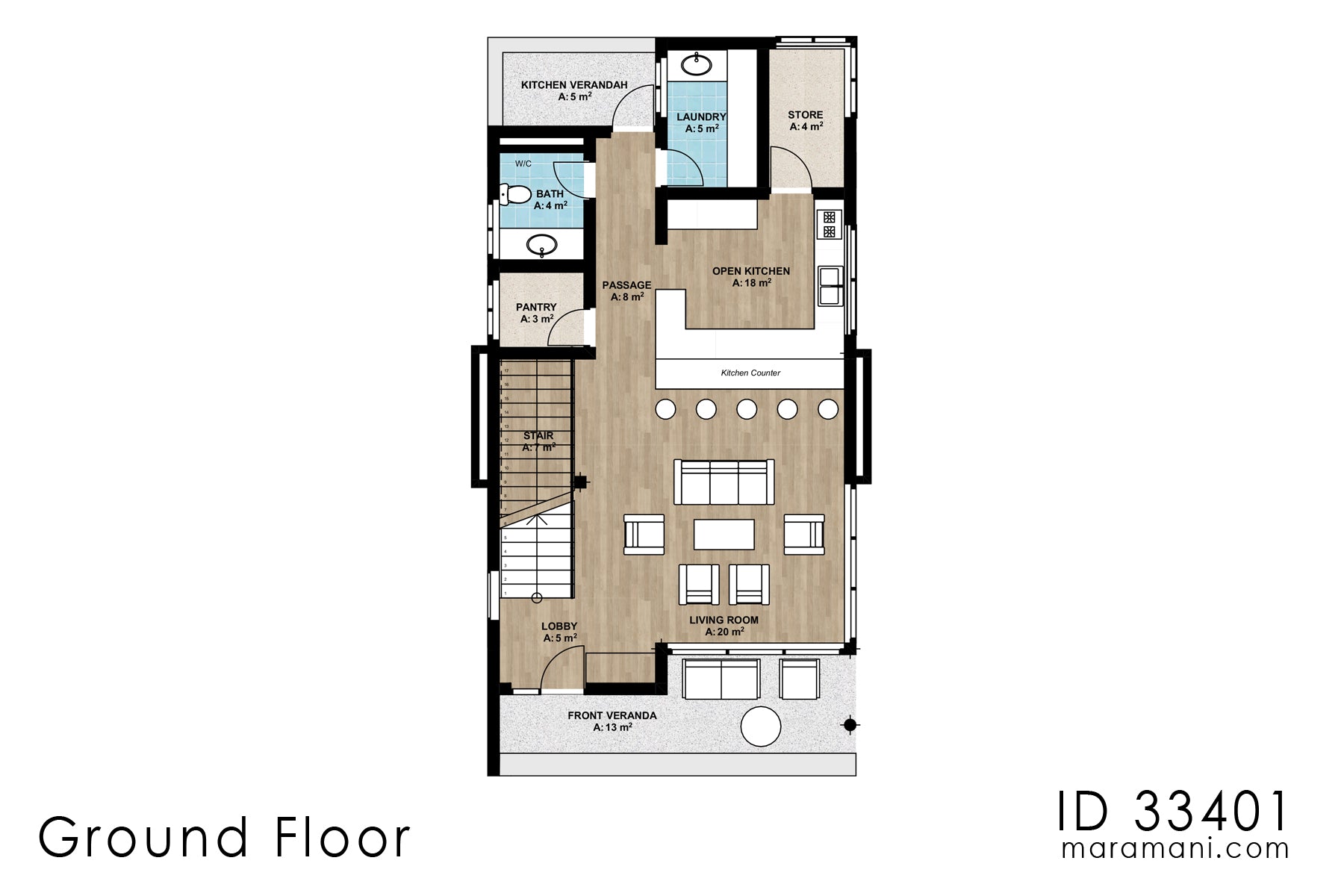 3 Bedroom House Plan with flat roof - ID 33402