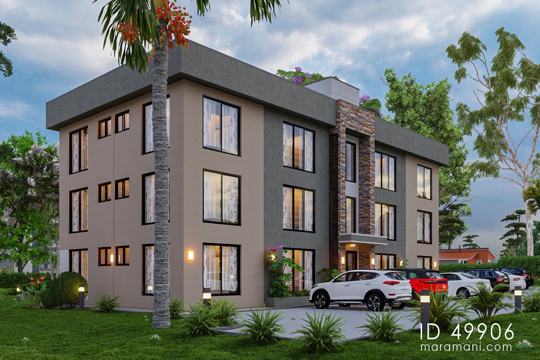 12-Bedrooms, 4-Story Apartment Block Plan  - ID 49906