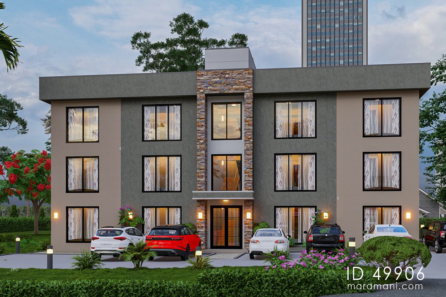 12-Bedrooms, 4-Story Apartment Block Plan  - ID 49906