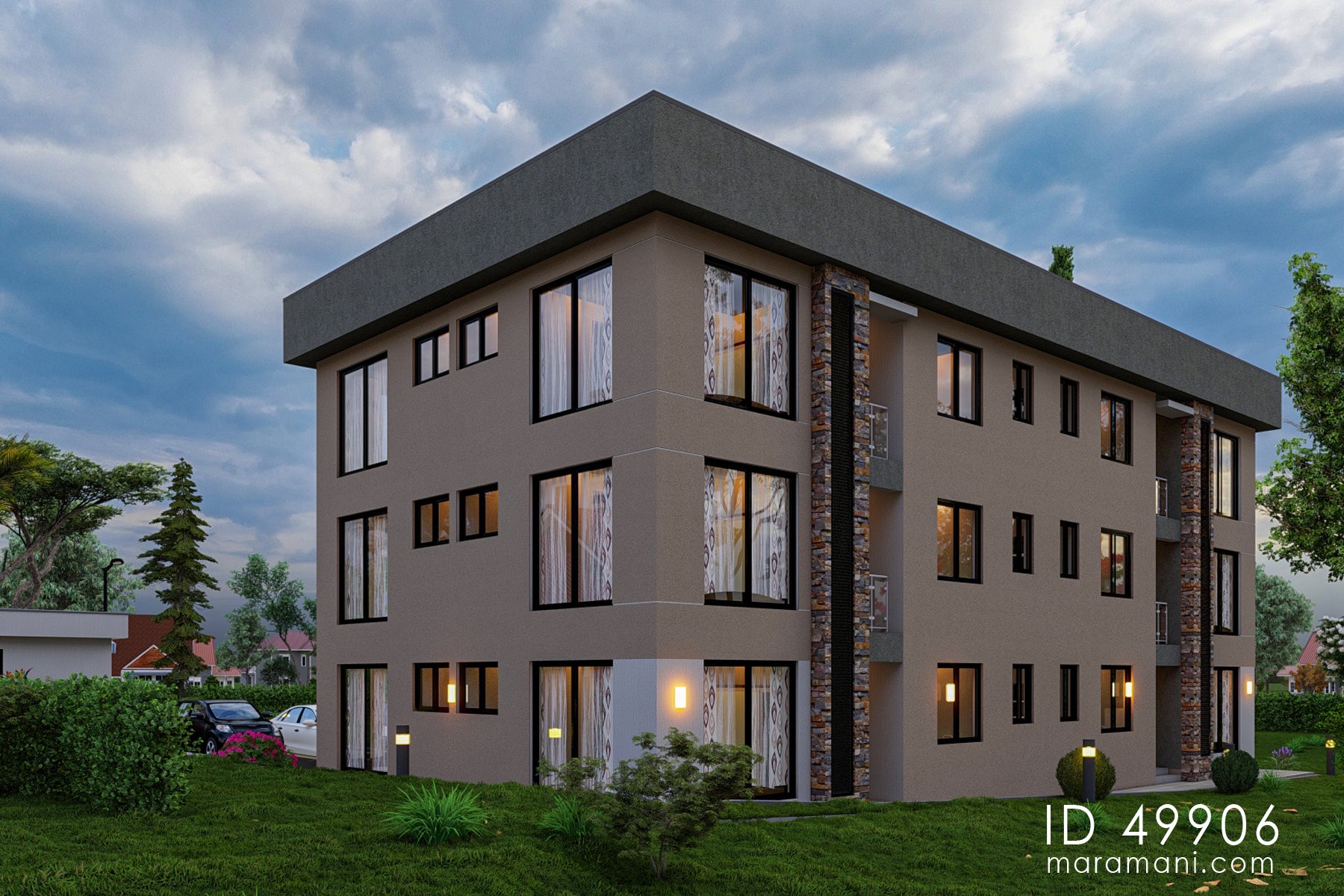12-Bedrooms, 4-Story Apartment Block Plan  - ID 49906